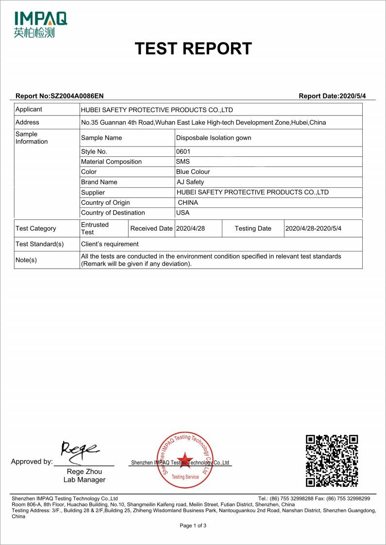 China HUBEI SAFETY PROTECTIVE PRODUCTS CO.,LTD(WUHAN BRANCH) Certificações